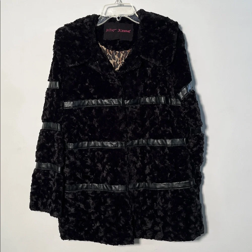 BETSEY JOHNSON Penny Lane Faux Mongolian Fur/Leather Mod Wide Collar BLK Coat S - Picture 10 of 16